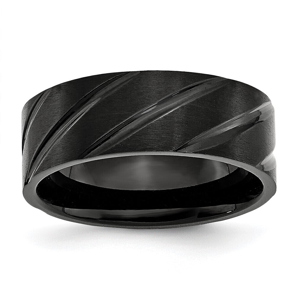 Kazi Luxury Titanium Brushed and Polished Black IP-plated Swirl Design 8mm Band